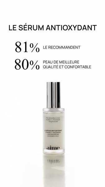 An ad for Aime Le Sérum Antioxydant, highlighting social proof and product features.