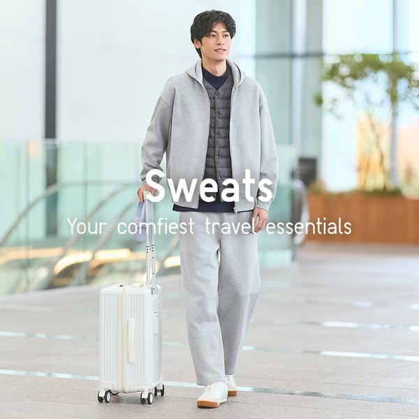 The image ad features a man traveling in a light grey sweat suit. The ad is promoting the product as comfortable travel 