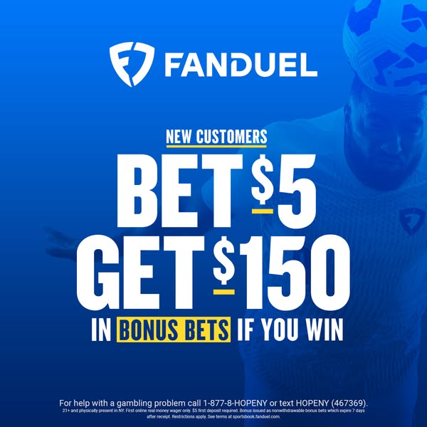 This ad from Fanduel offers a promotion for new customers. If they bet $5, they can get $150 in bonus bets if they win.