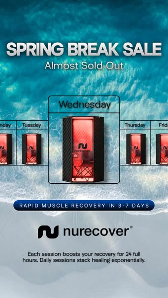 This ad promotes NURECOVER, a product designed for rapid muscle recovery. The visual features a calendar-like display hi