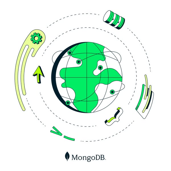 This ad features an illustration of the earth surrounded by various tech symbols, promoting MongoDB.