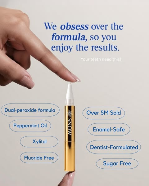 This ad highlights several features and benefits of the SNOW teeth whitening pen, emphasizing its effectiveness and ease