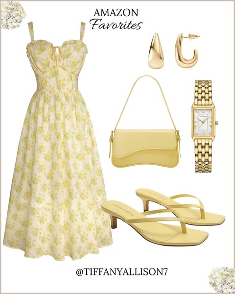 The ad showcases a curated Amazon fashion collection centered around a light yellow floral dress, complemented by matchi