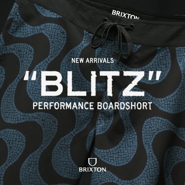 This image ad showcases Brixton's new Blitz performance boardshort, highlighting its design and suitability for acti