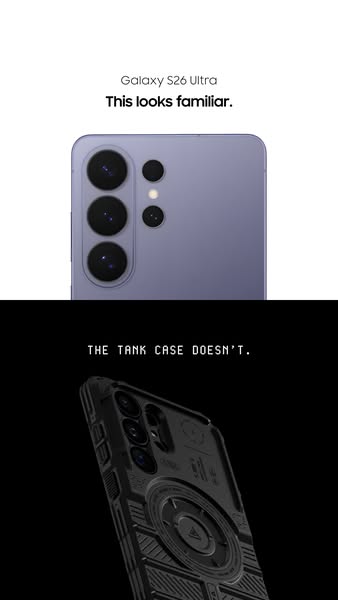 This image ad compares the slim profile of the Galaxy S26 Ultra phone to the bulkier Tank Case.