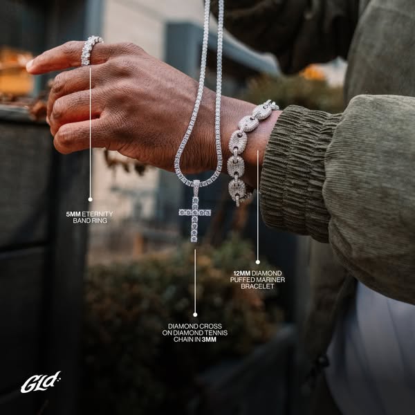 This ad features a close-up of a person wearing jewelry from GLD, with descriptive callouts. The jewelry includes a diam