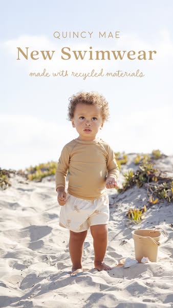 This ad features a child wearing a matching swim top and swim trunks from Quincy Mae's new swimwear line. The ad hig