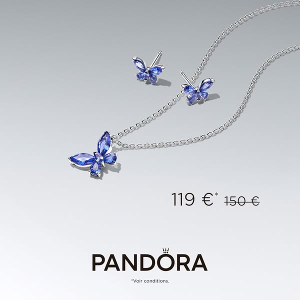 This ad showcases a necklace and earring set from Pandora, featuring a butterfly design with blue stones. The ad highlig