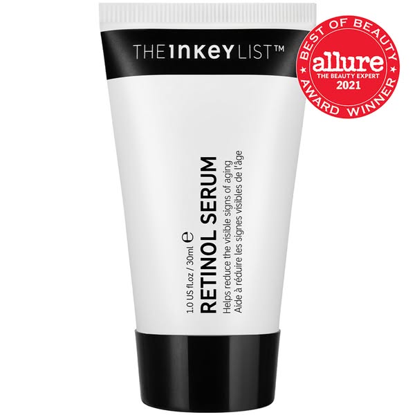 This ad features a tube of The INKEY List Retinol Serum, highlighting its ability to reduce visible signs of aging and i