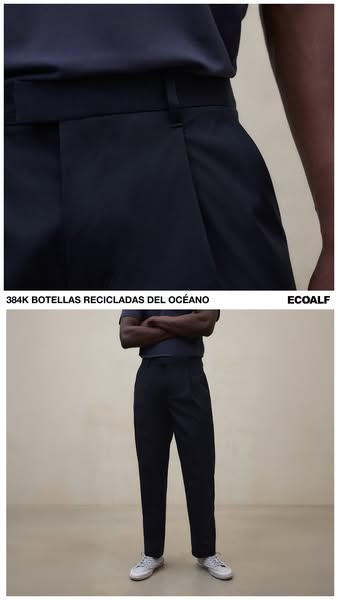 This ad features a stylish pair of navy dress pants, emphasizing their construction from recycled ocean plastic and show