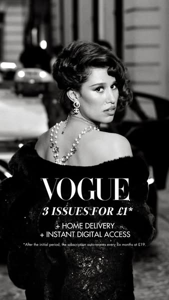 This black and white image ad promotes a subscription to Vogue magazine, offering 3 issues for £1 with home delivery and