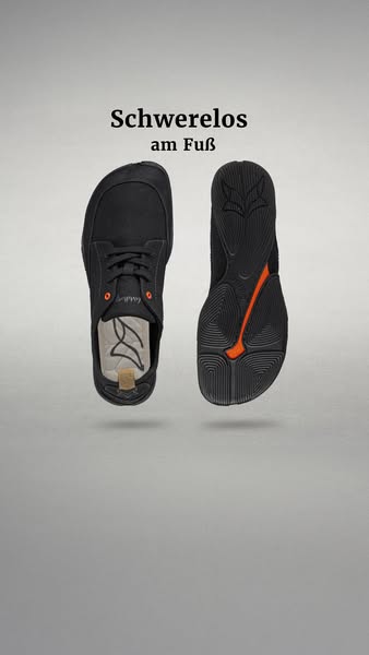 A product display image ad showcasing a pair of black barefoot shoes. One shoe shows the shoe's laces and insole, an