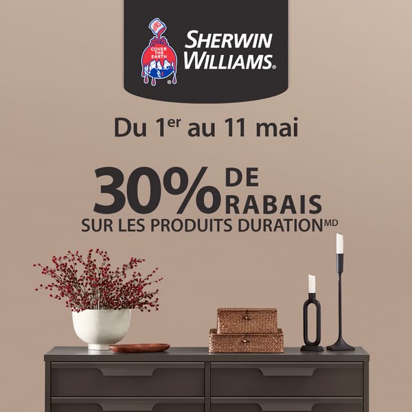 This image ad promotes Sherwin-Williams' Duration paint and offers a limited time discount from May 1st to May 11th.