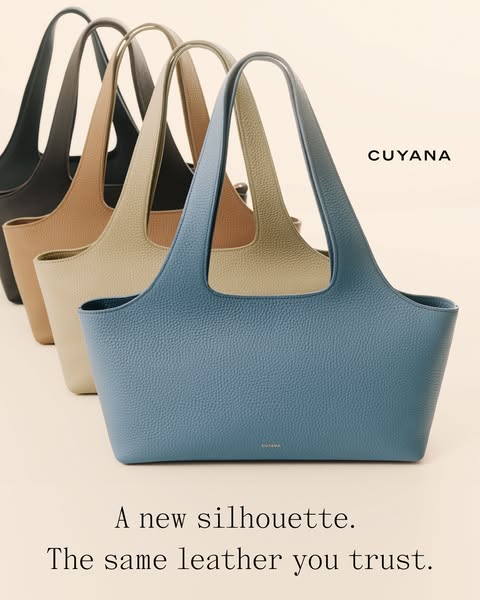 This ad showcases the Cuyana leather tote bag, emphasizing its new silhouette while reassuring customers of the quality 