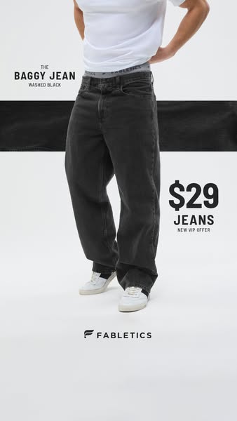 This image ad for Fabletics promotes their baggy jeans. The jeans are modeled by a person wearing a white t-shirt and wh