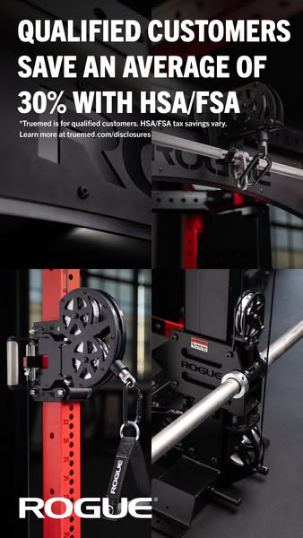 This image ad promotes Rogue Fitness equipment and offers an average savings of 30% for qualified customers using HSA/FS