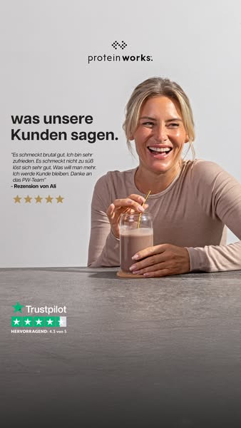 This ad for Protein Works features a customer testimonial in German, alongside an image of a woman drinking a Protein Wo