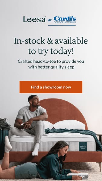 This image ad for Leesa advertises that their mattresses are in stock and available to try at Cardi's Furniture &