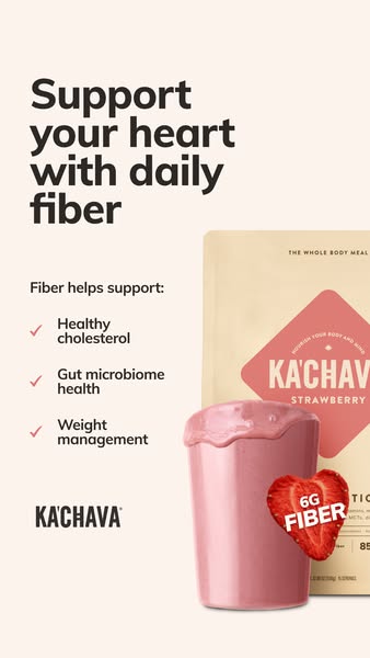 This ad is for Ka'Chava Strawberry flavored meal replacement powder. The ad promotes the powder as a source of daily