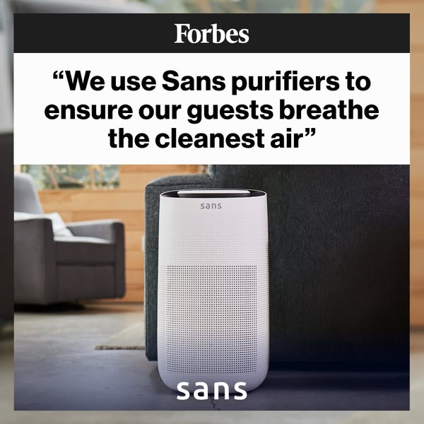This ad features a testimonial from Forbes, stating that they use Sans purifiers to ensure their guests breathe the clea
