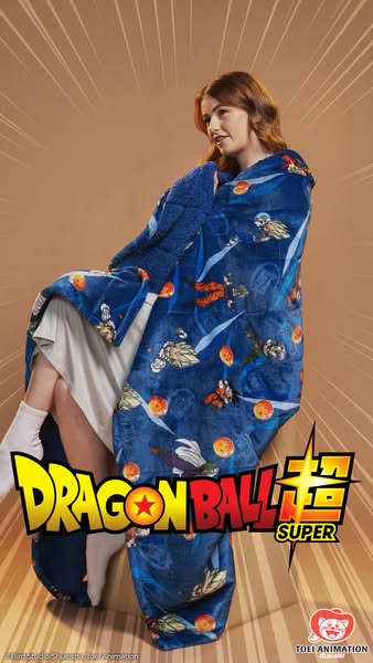 An ad for a Dragon Ball Super themed blanket. The ad features a woman wrapped in the blanket.
