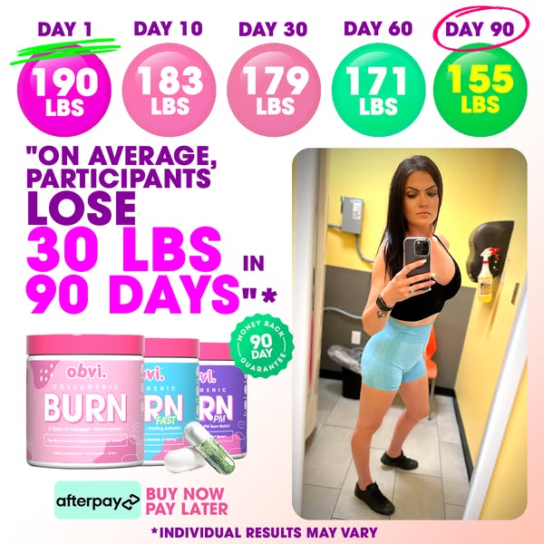 This ad promotes Obvi weight loss supplements, highlighting an average weight loss of 30 lbs in 90 days. It features a w