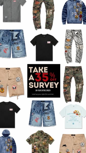 The ad features a collage-style arrangement of various clothing items, primarily casual wear such as t-shirts, shorts, p