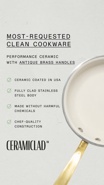 This image ad promotes a Ceramiclad non-stick ceramic frying pan with antique brass handles. The ad highlights features 