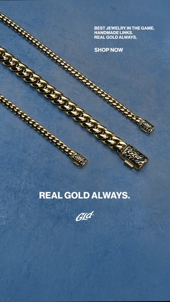This ad features a close-up of gold chains against a blue backdrop, emphasizing the handmade quality and real gold compo