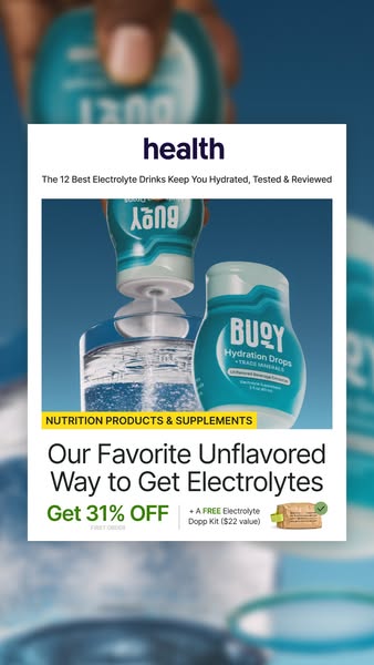 This ad promotes Buoy hydration drops as one of "health" magazine's best electrolyte drinks. It shows the 