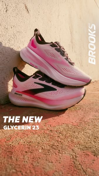 This Brooks ad showcases the new Glycerin 23 running shoes. The shoes are stacked on top of each other against a neutral