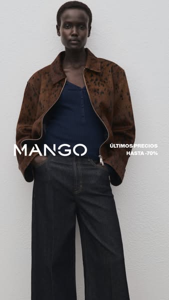 This ad for Mango features a woman modeling a brown jacket, blue top, and jeans. The ad mentions last prices up to -70%.