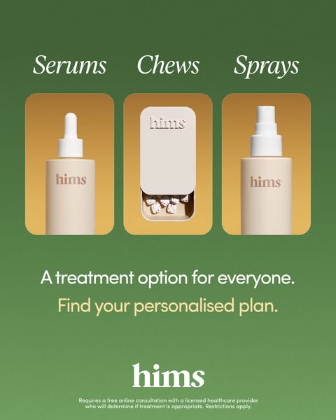 The ad showcases three different product formats – serums, chews, and sprays – to present a versatile treatment option t