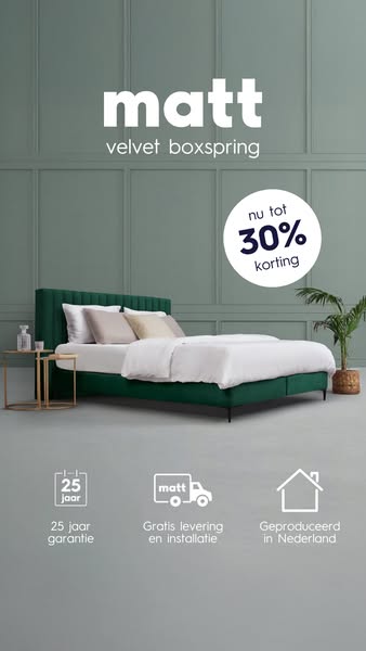 This ad showcases a Matt velvet boxspring bed with a discount offer and highlights its features like a 25-year guarantee