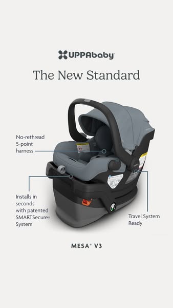 This ad showcases the UPPAbaby MESA V3 car seat. It highlights features like the no-rethread 5-point harness and SMARTSe