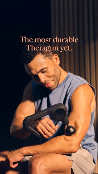 An image ad for the Theragun featuring a man using the product on his arm. The ad highlights the durability of the Thera