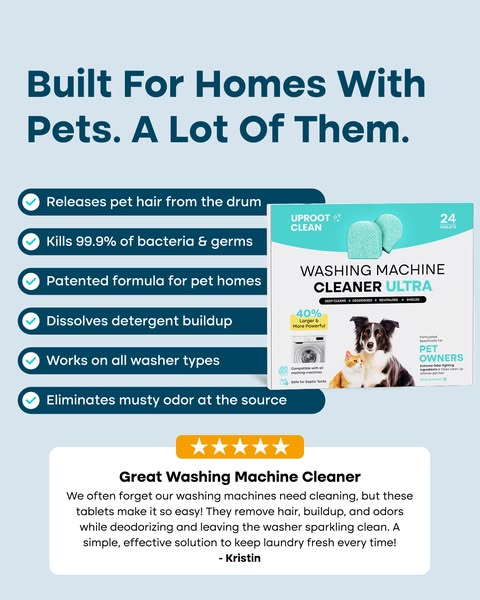 The ad promotes Uproot Clean's washing machine cleaner tablets. The ad emphasizes that the product is designed for h