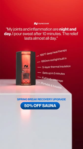 This ad promotes Nurecover's sauna product, highlighting its benefits for joint pain and inflammation relief. The ad