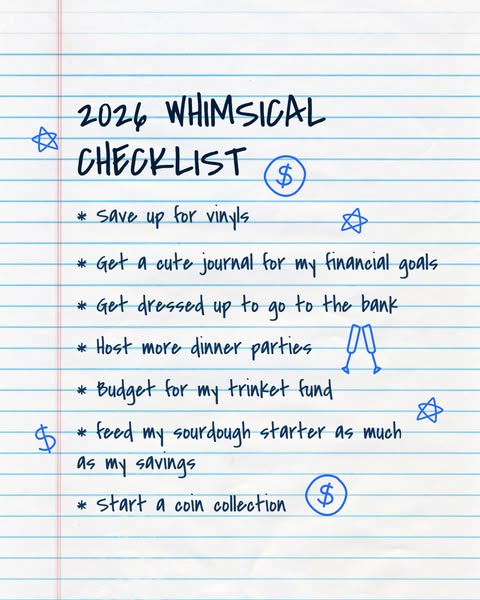 This ad features a handwritten-style checklist for the year 2026, outlining whimsical and personal financial goals.