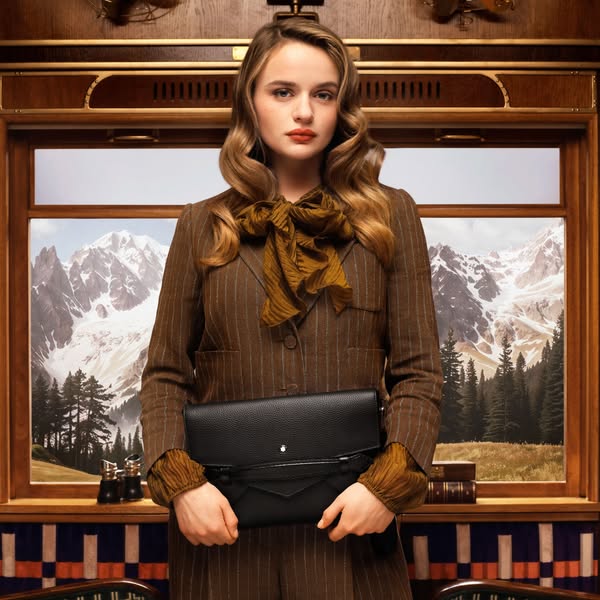 This ad features an image of a woman on a train, holding a Montblanc purse, to promote the brand.