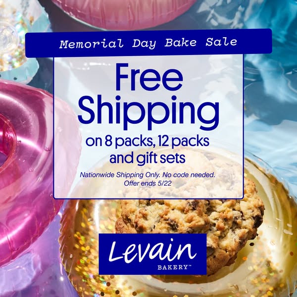 This image ad promotes Levain Bakery's Memorial Day Bake Sale, offering free shipping on 8-packs, 12-packs, and gift