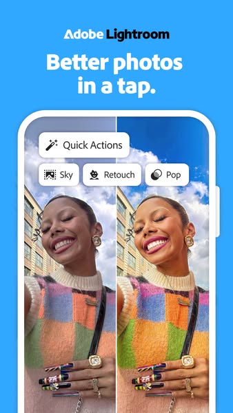 This ad for Adobe Lightroom features a side-by-side comparison of a photo before and after being edited in the app. The 