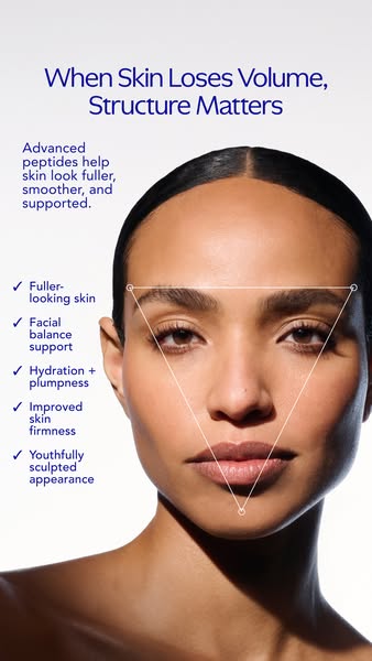 This image ad highlights the benefits of using advanced peptides to improve skin volume and structure. It features a clo