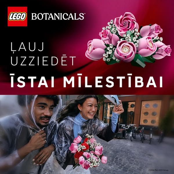 This image ad for LEGO Botanicals features a bouquet made of LEGO bricks and a couple running in the rain holding a real