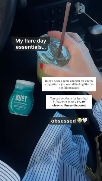 This ad shows a person in a car holding a drink with a straw, with Buoy hydration drops and a testimonial on screen. The