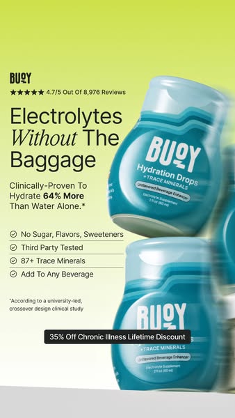 This ad promotes Buoy Hydration Drops, emphasizing their convenience and health benefits. It highlights the product'