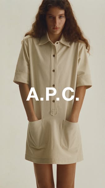 This image ad showcases a beige dress from A.P.C.. The ad features a woman wearing the dress, highlighting its design an