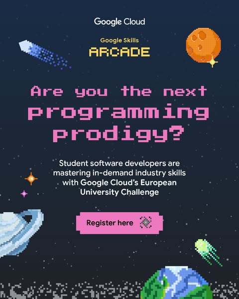 This ad promotes the Google Cloud European University Challenge, targeting student software developers and inviting them