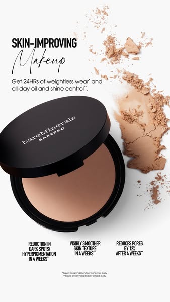 This ad for bareMinerals BAREPRO Performance Wear Powder Foundation focuses on the product's ability to improve skin