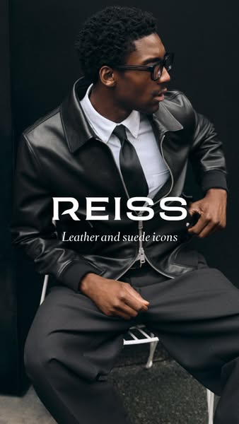 The ad features a man in a leather jacket and suit, showcasing the brand's leather and suede icons.